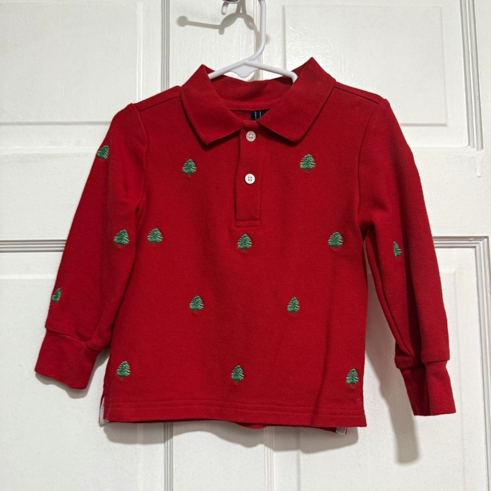 Janie and Jack 2T Red Long Sleeve Christmas Tree Embroidered Polo Red Boys